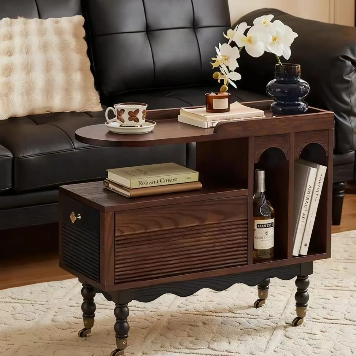 HYS American solid wood trolley living room movable coffee table antique dining car home with wheel edge bedroom bedside table