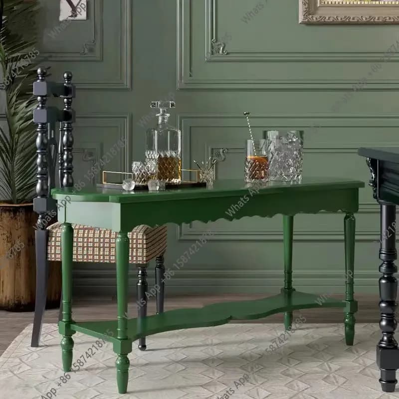 N63  French solid wood dining table European and American retro green oval leisure small apartment entrance table log light luxu
