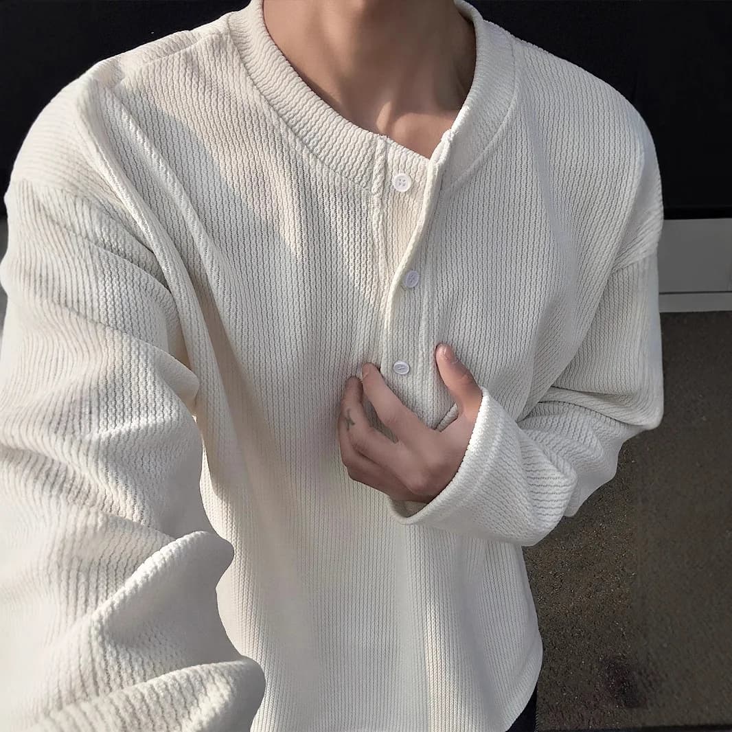Man Base Layer 2026 New Spring Autumn Henley Neck Cleanfit Knitting Textured Long Sleeve Tshirt For Men Layered Basic Sweater