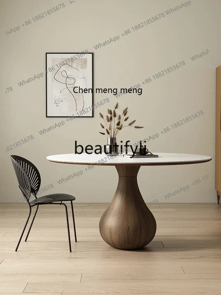 178A Deli Feng pure white black walnut solid wood round dining table household retro simple rock slab round dining table
