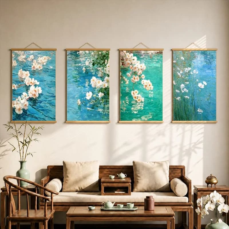 Wall Decorations Water Flowers in a Dreamy Pond, Impressionist Floral Pearlescent Canvas Hanging Scroll Decor for Spa Lounge