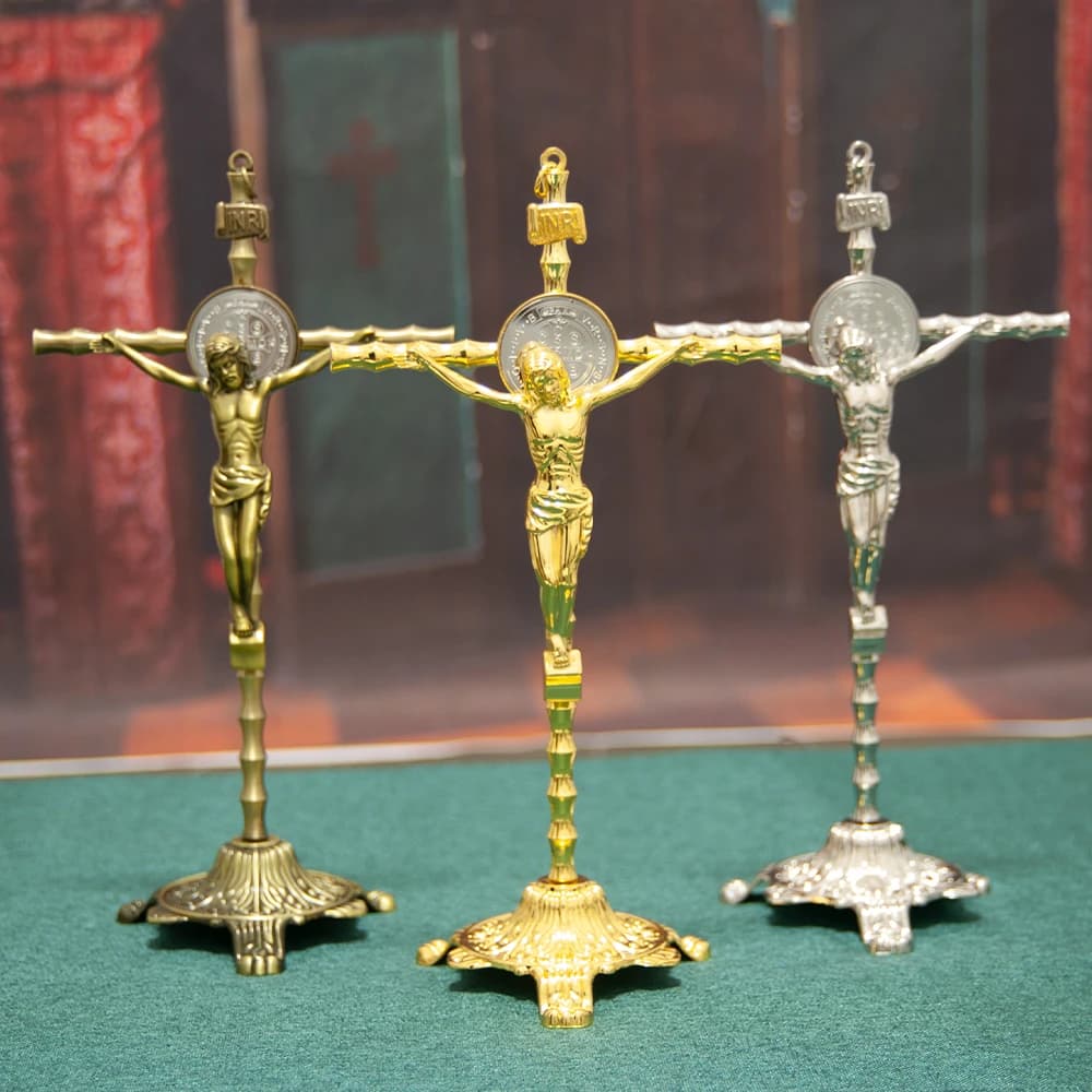 Gold Plated Catholic INRI Alloy Jesus Statue Multi Color Metal Crafts Church Home Table Standing Crucifix Prayer Jesus Cross