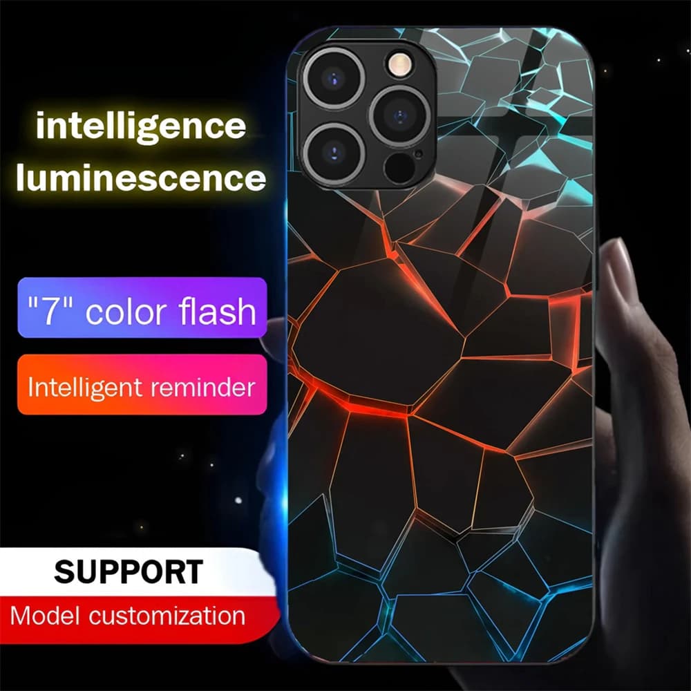 Luxury Geometry Smart LED Light Glow Tempered Glass Phone Case For iPhone Air 17 16 E 15 14 13 12 11 Pro Max X XR XS Plus