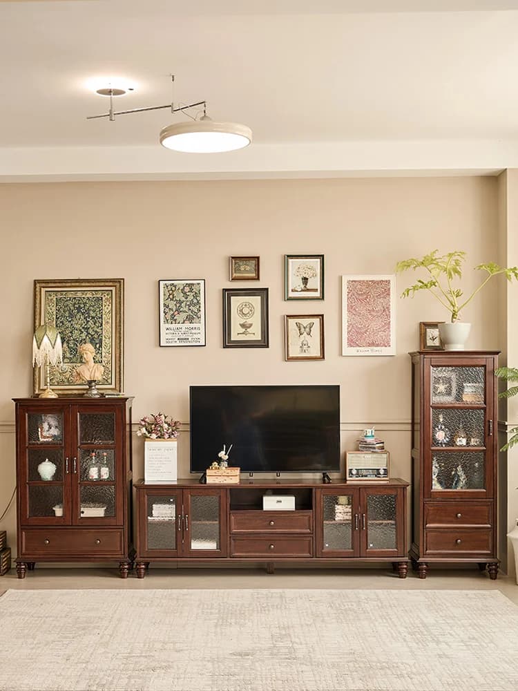 XL Simple American Country Style Walnut Wood Solid Wood High and Low Wine Cabinet Living Room Furniture TV Cabinet