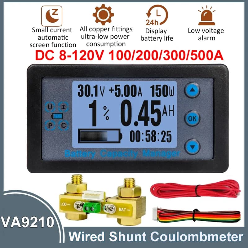 Wired Shunt Coulombmeter DC 8-120V 100/200/300/500A Energy Meter Battery Capacity Tester Low Voltage Alarm LCD Ammeter Voltmeter