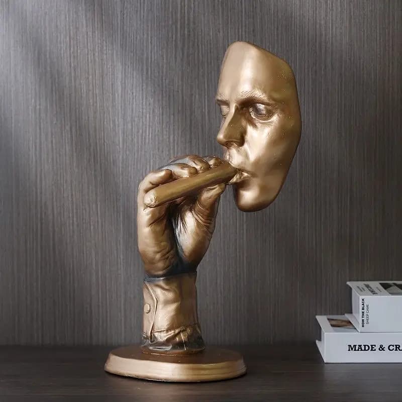 Nordic Golden editators Abstract Sculpture an Smoking Cigar Creative Face Statue Character Resin Figurine Artwork Home Ornament