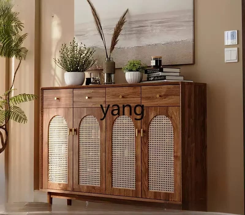 LMM retro rattan shoe cabinet solid wood frame indoor simple storage cabinet