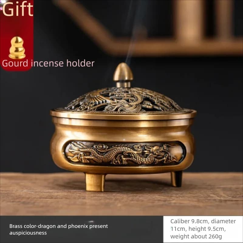 Antique Alloy Copper Tripod Dragon Phoenix Incense Burner Indoor Agarwood Sandalwood Mosquito Coil Incense Holder