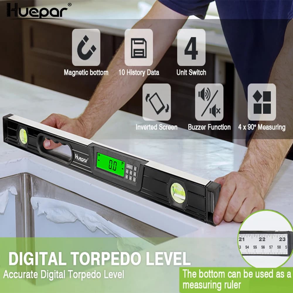 Huepar Digital Display Level Bar With Magnet Inclinometer 610mm Electronic 360°Protractor Angle Finder With Magnets Edges Bubble