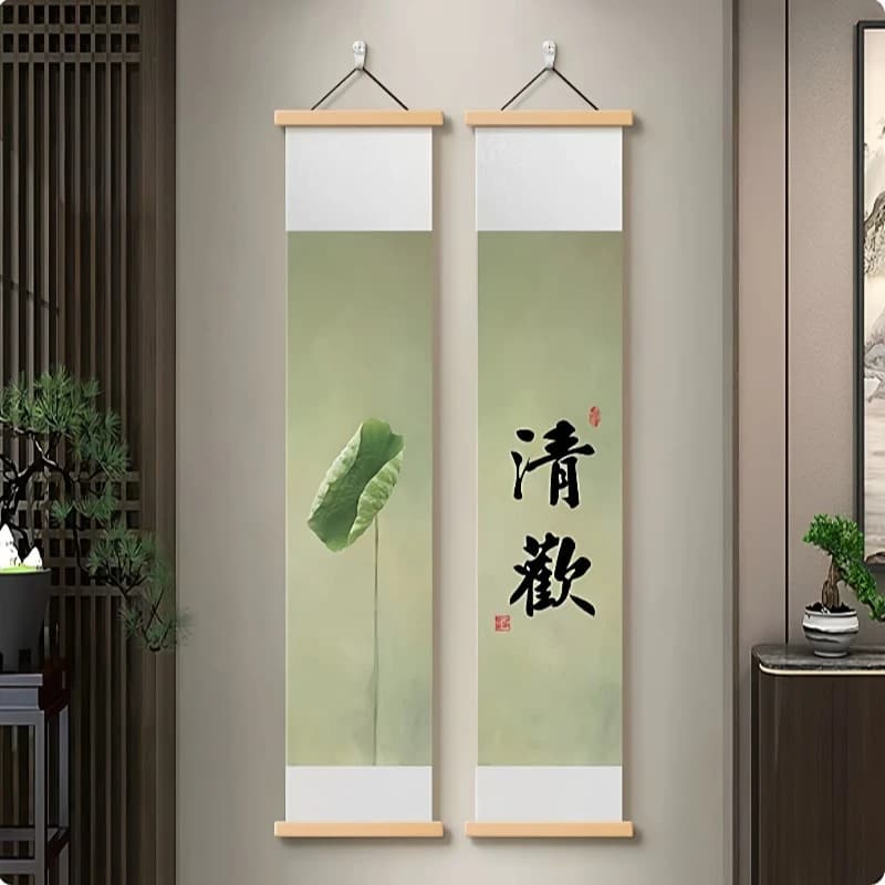 Wall Art Lotus Flower and Ink Wash Leaves Zen Minimalism Pearlescent Canvas Hanging Scroll with Wooden Rods for Tea Room