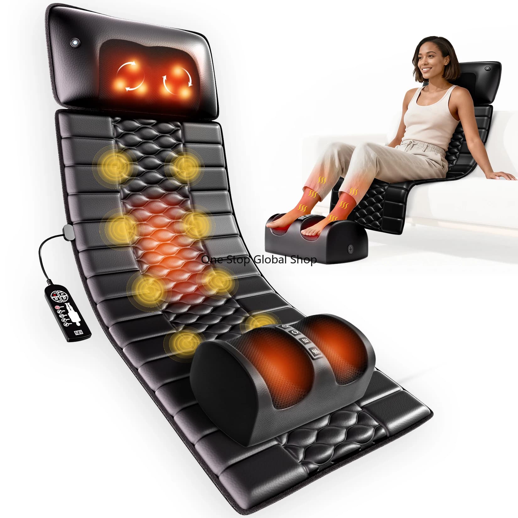 Shiatsu Full Body Massage Mat with Heat, Detachable Massager Pad, 10 Vibrating Motors, 9 Intensity Levels, Relax at Home Office