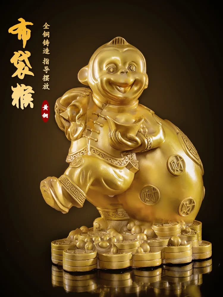 , lucky mascot, twelve zodiac animal ornament, copper monkey figurine with a money bag