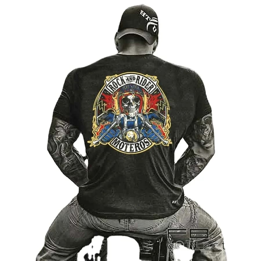 Rock Rider Skull Bikers T-Shirt Summer Cotton Short Sleeve O-Neck Men's T Shirt New S-3XL Moteros