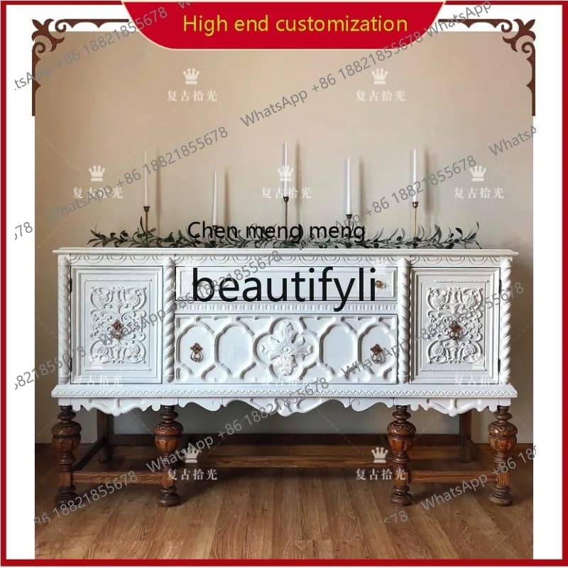 A32 French Retro Solid Wood Carved Entrance Cabinet Hallway Console Wall-Mounted Storage Decorative Cabinet