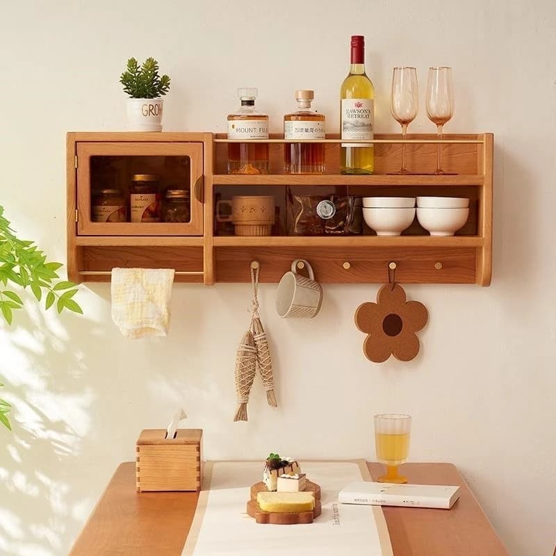 Side cabinet, wall rack, solid wood hanging cabinet, wall hanging coffee cup storage cabinet