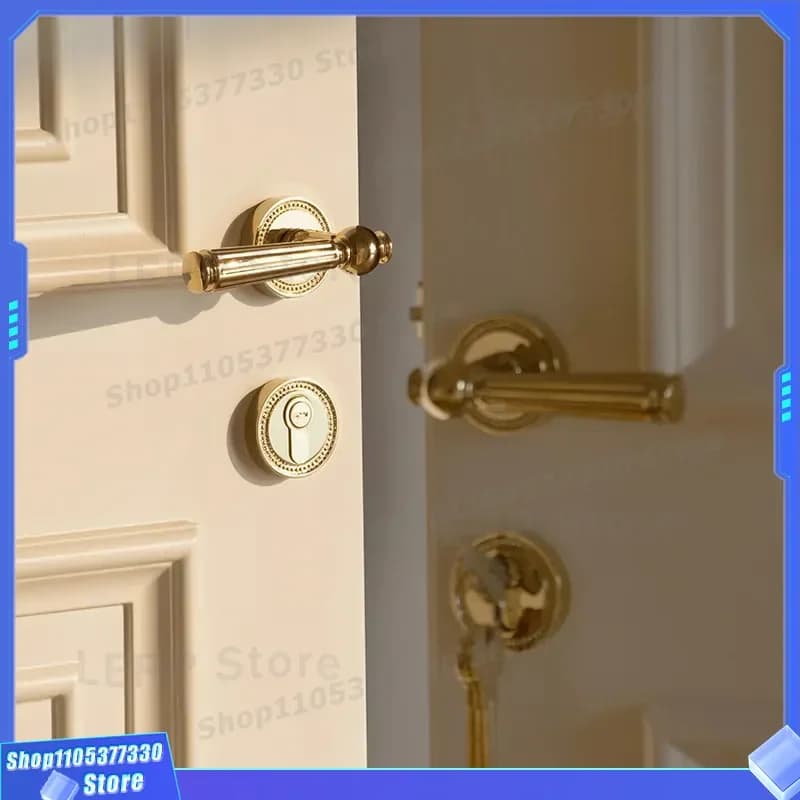 Pure Copper French Door Lock Medieval Style Magnetic Mute Handle for Bedroom Wooden Room Door Factory Direct Supply High