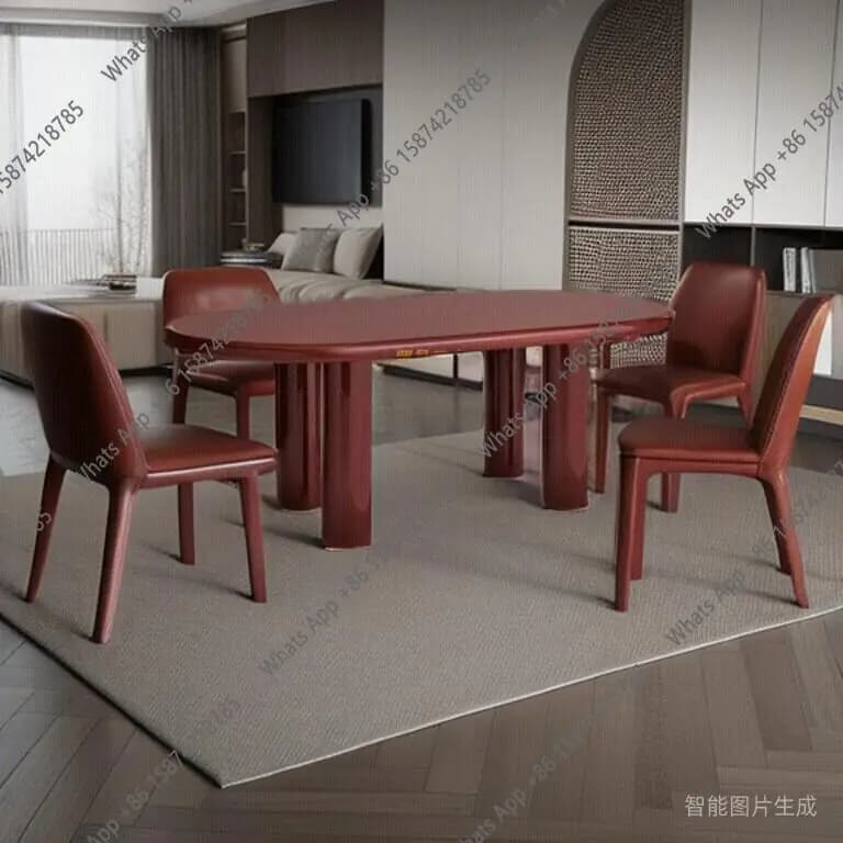 Solid wood dining table oval glossy red desk simple modern cream wind small apartment negotiation table