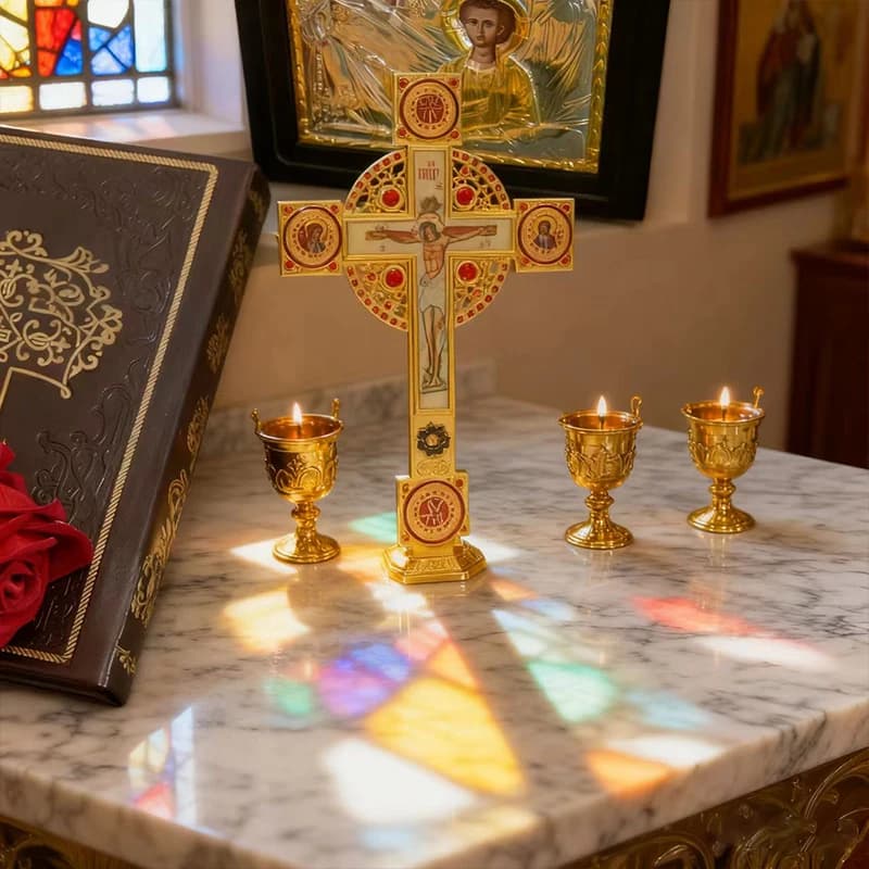 New Orthodox Blessing Cross with Crucifix Icon Gold-Plated Enamel & Red Crystal Inlay Handheld Christian Liturgy Cross in Luxury