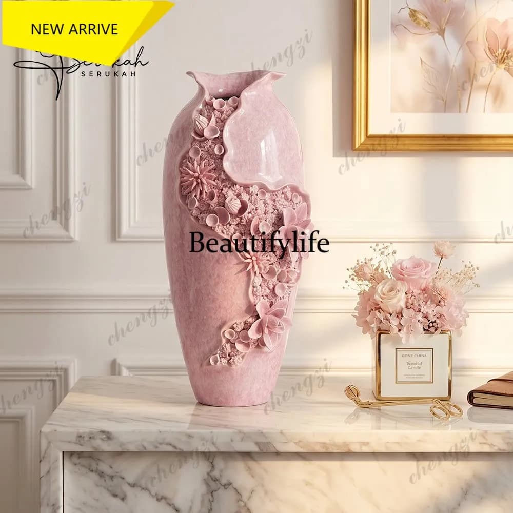 a95 Velvet Blooming Light Luxury Ceramic Vase Ornament for Living Room Floral Arrangement, High-End Entryway