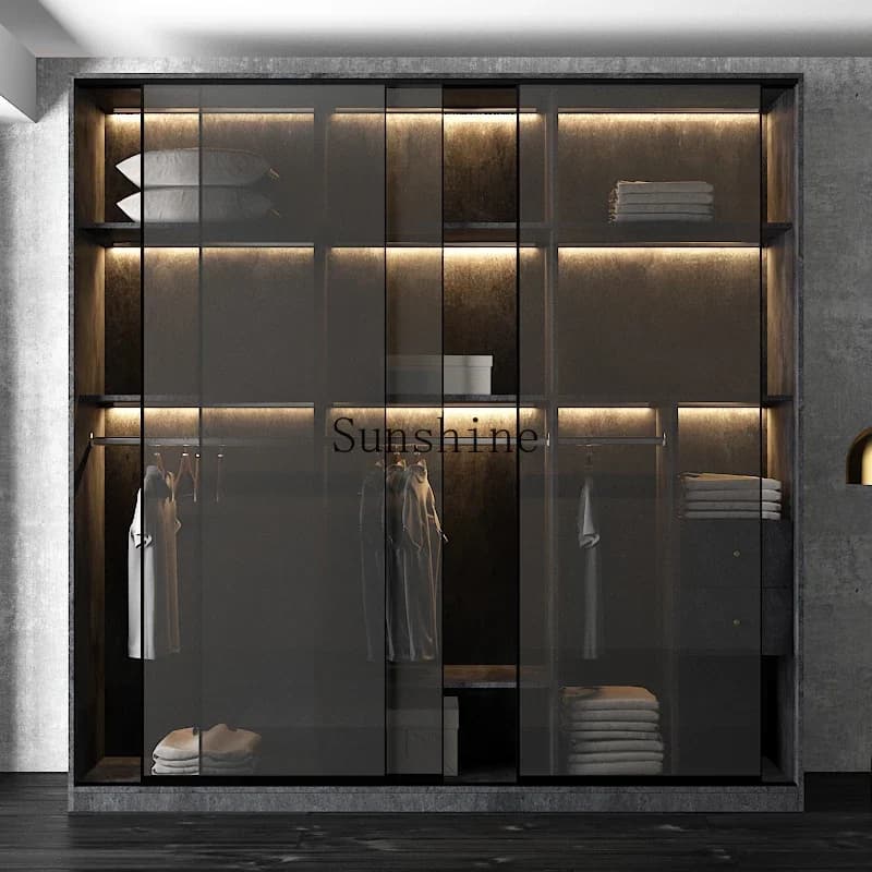 Light luxury display glass door wardrobe bedroom home cloakroom solid wood sliding door sliding  FT