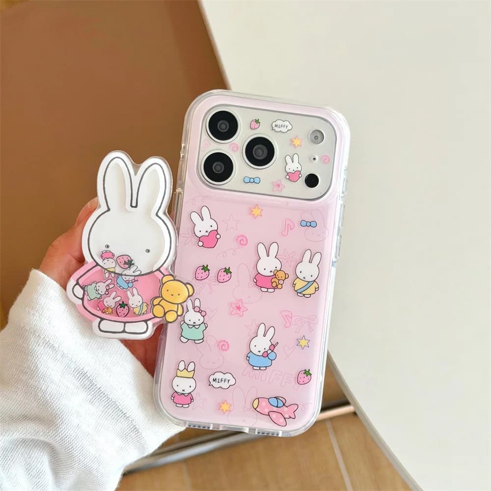 Pink Miffy Rabbit Quicksand Stand Phone Case For iPhone 17 16 15 Pro Max Cute Cartoon Strawberry Transparent Shockproof Cover