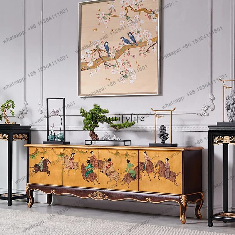 LX New Chinese Style Mahogany Gold Foil Painted High-end All Solid Wood Floor Cabinet Walnut Living Room