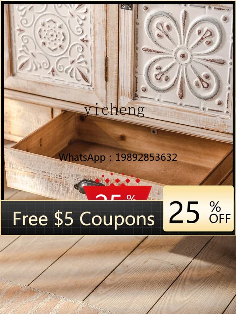 Solid Wood Retro Vintage Carved Cabinet Family Living Room Curio Cabinet Entry Door Facing Entrance Cabinet
