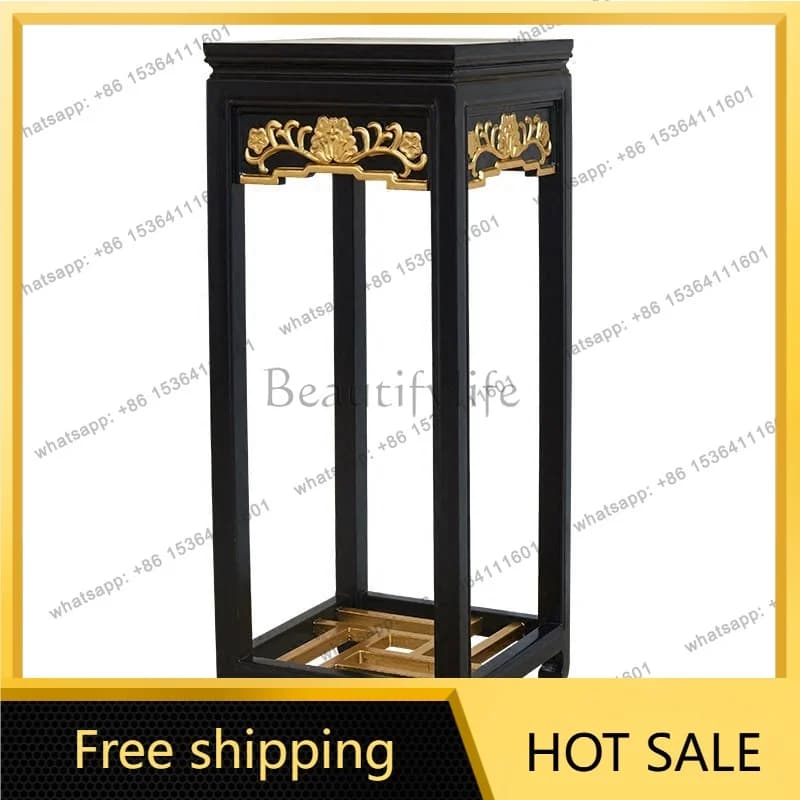 Modern New Chinese Style solid wood carved gilded ornaments with high-legged flower stands and living room storage racks
