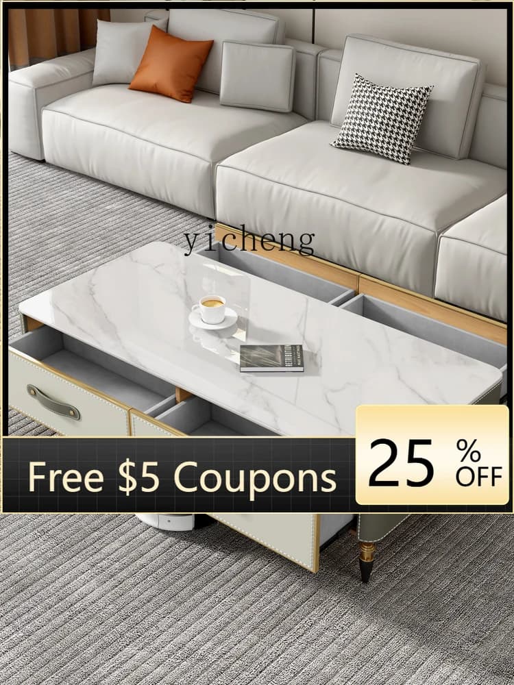 BB Light Luxury Saddle Leather Long End Table Stone Plate Coffee Table TV Cabinet Solid Wood High Tea Table