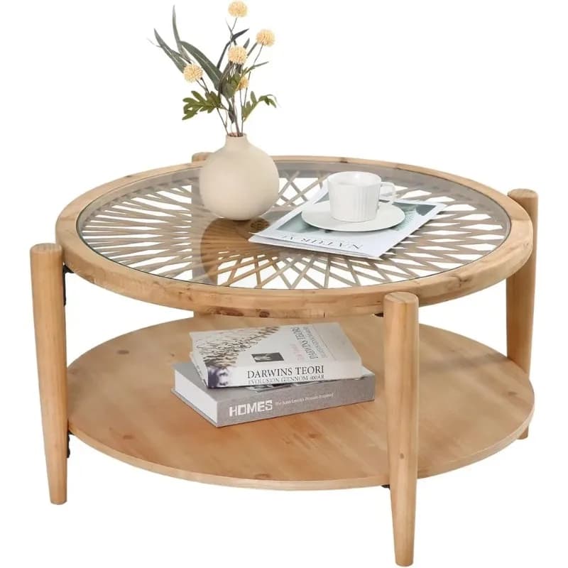 Rattan Coffee Tables,2-Tier Round Boho Cocktail Tables, Mid Century Modern Coffee Table with Rattan & Tempered Glass Top