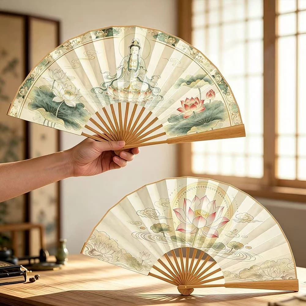 Guanyin Bodhisattva Folding Fan |Buddhist Lotus Fabric surface Fan | Chinese Bamboo Hand Fan for Home Decor & Meditation Decor