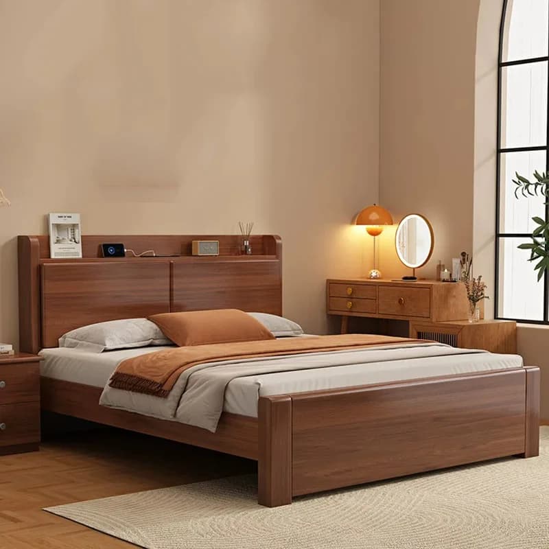 Wooden Beauty Bed Design Wooden Frame Queen Double Safe Sleeping Simple Bed Modern Floor Letto Matrimoniale Salon Furniture