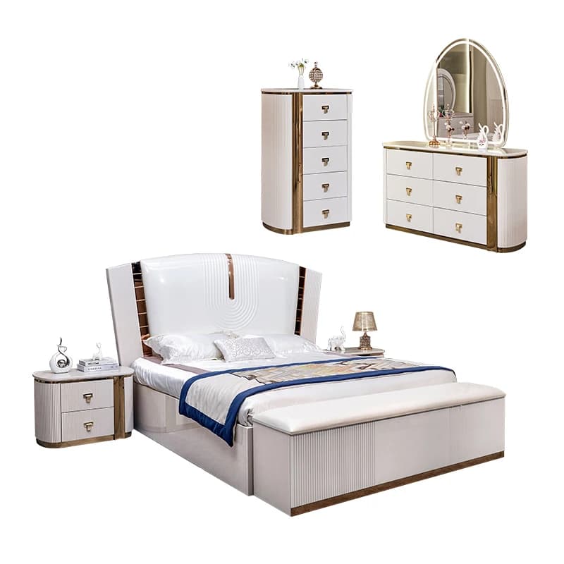 White Modern Deluxe King Bed Full Bedroom Set Leather Upholstered Home Room Wooden Frame