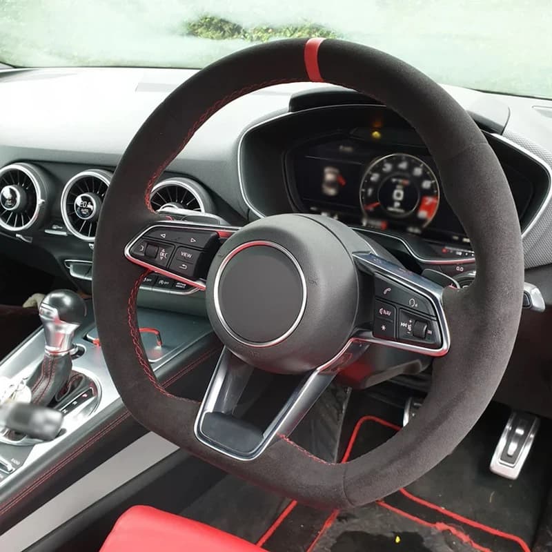 Alcantara Real Leather Steering Wheel Cover Red Thread Red Stripe Hand Sew Car Accessoires for Audi R8 TT TTS TTRS (2014-2019)