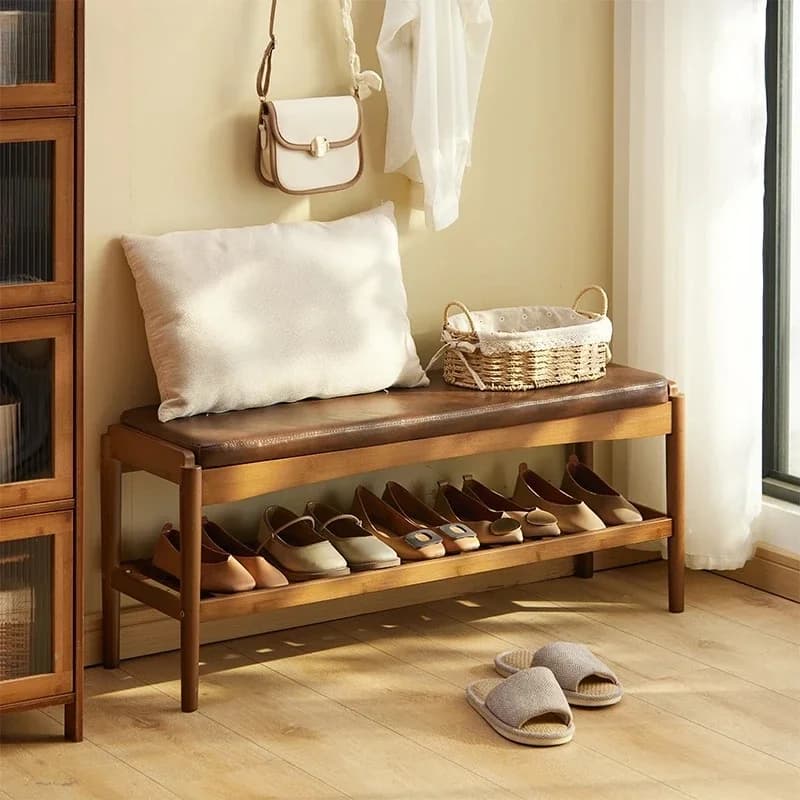 Nordic Style Shoe Bench - Multi-Functional Storage Stool with Hidden Shoe Rack, Durable Wooden Frame for Hallway