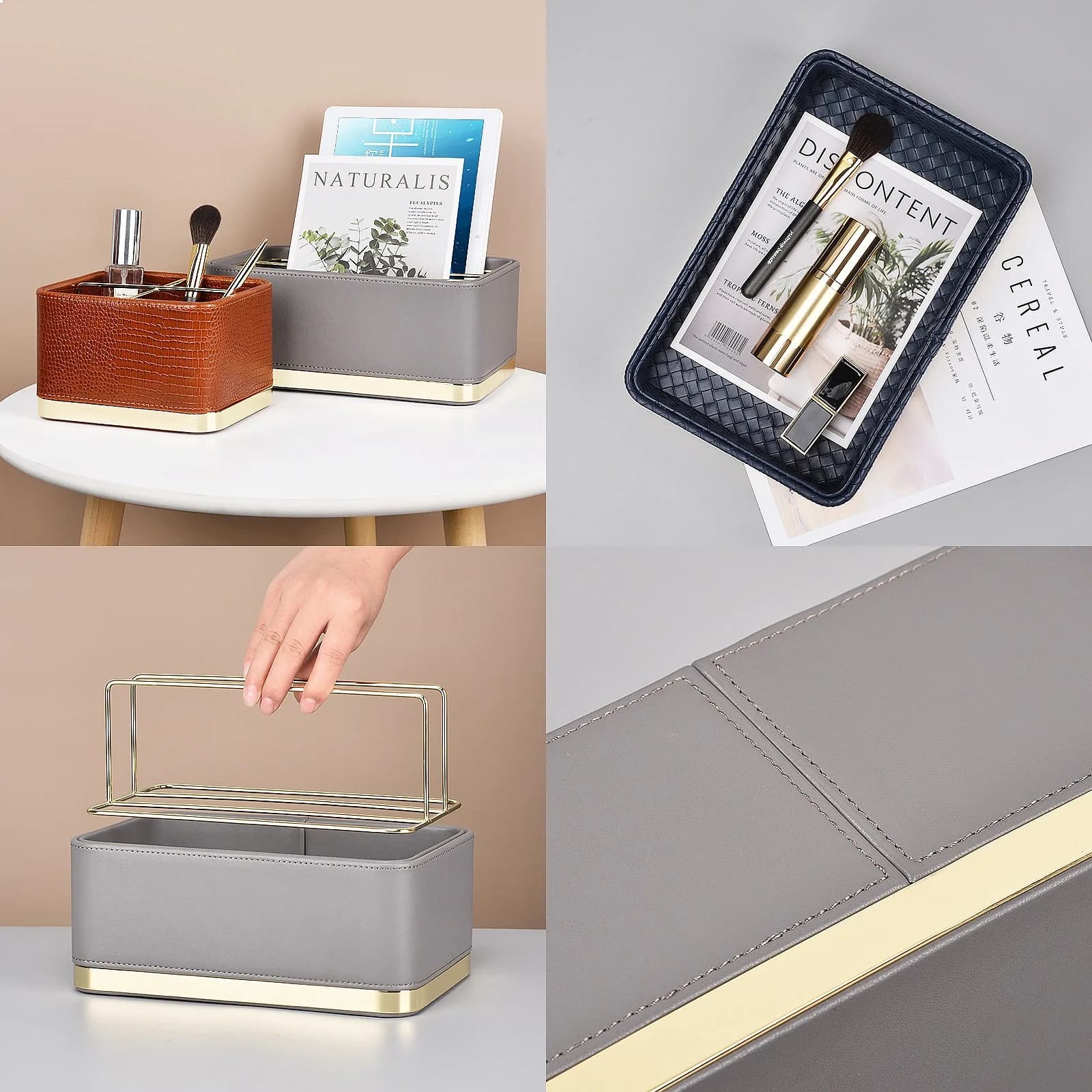 Elegant Leather Compartment Tray, Desk Makeup Organizer, Key & Jewelry Holder for Entryway