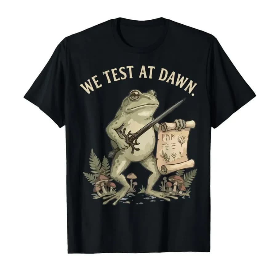 Teacher Frog We Test At Dawn Test Day Coordinator Final Exam T-shirt For Men Women 100% Cotton T Shirts Short Sleeve Tops 0424-2