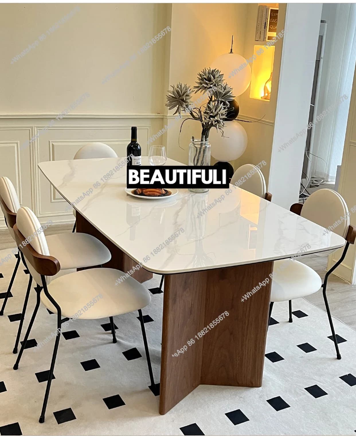 French cream retro black walnut solid wood rock slab rectangular small apartment dining table