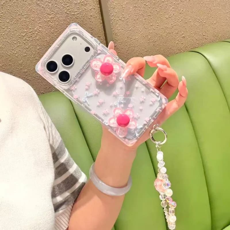 Clear Pink Bowknot Flower Square Phone Case For iPhone 17 Pro 16 15 Pro Max Cover with Chain Shockproof Protective Cases Lovely