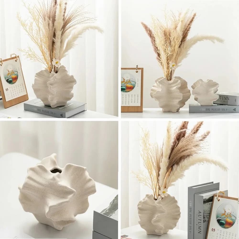 Geometric Wavy Petal Ceramic Vase, Modern Porcelain Flower Vase for Home Decor & Flower Arrangement