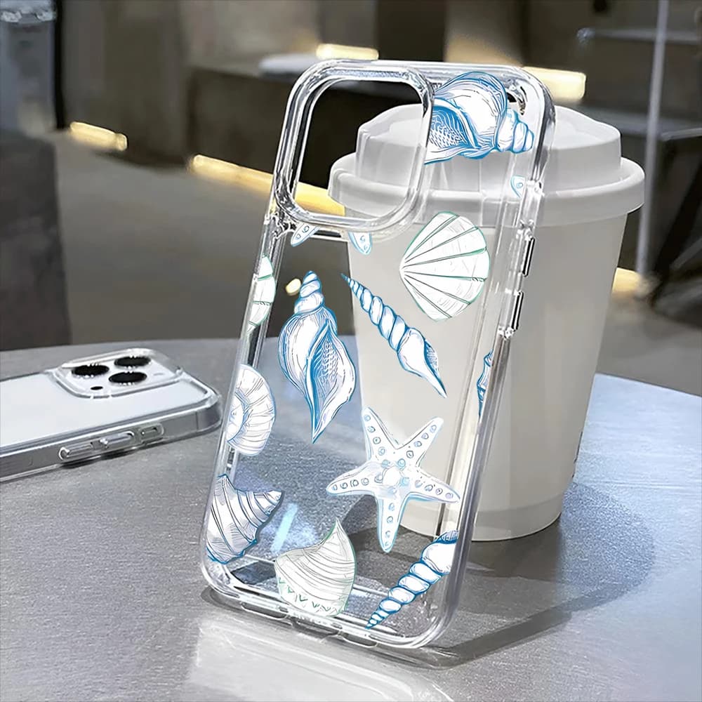 Fresh Blue and White Starfish and Shell Transparent Wavy Edge Phone Case, Summer Ocean Style for All iPhone Models