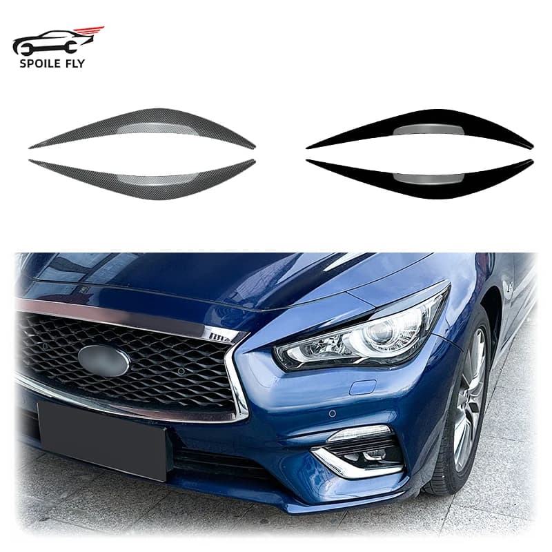 2014 To Up For Infiniti Q50 Car Front Eyebrow Eyelid Headlight Eyelash Cover Trim Gloss Black Carbon Fiber Sticker Exterior ABS