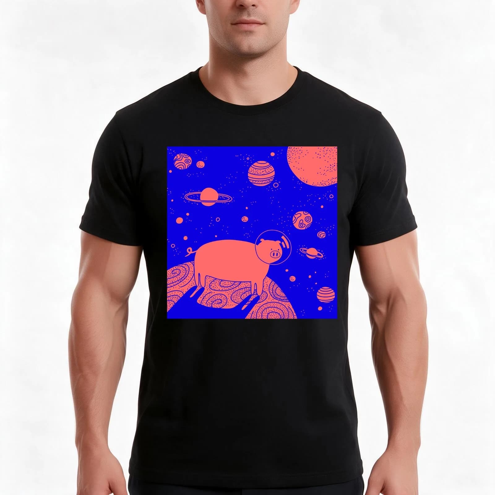 Space pig and its first steps on the moon T-Shirt, Summer Casual Cotton Tee, Oversized Streetwear Tops, Vintage Graphic Print