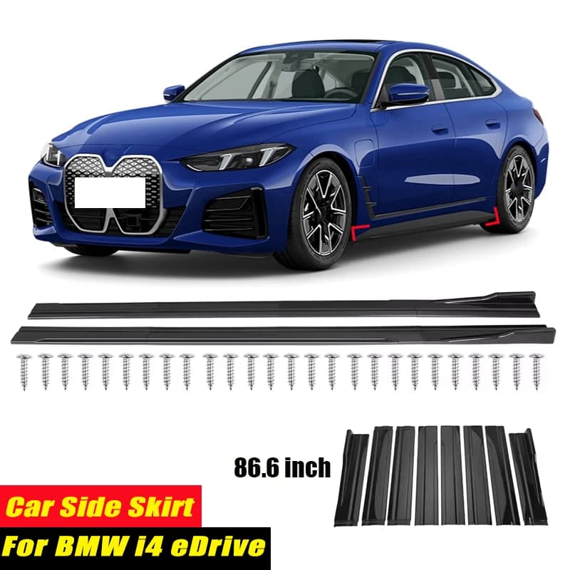 For BMW I4 EDrive 40 G26 Racing Style Side Skirts 86.6Inch 2.2M Rocker Panels Side Lip, ABS 8Pcs Glossy Black Car Body Kit