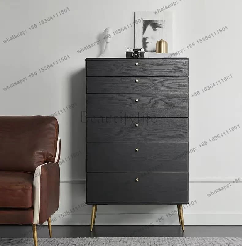 Nordic light luxury black oak chest against the wall black bedroom storage cabinet