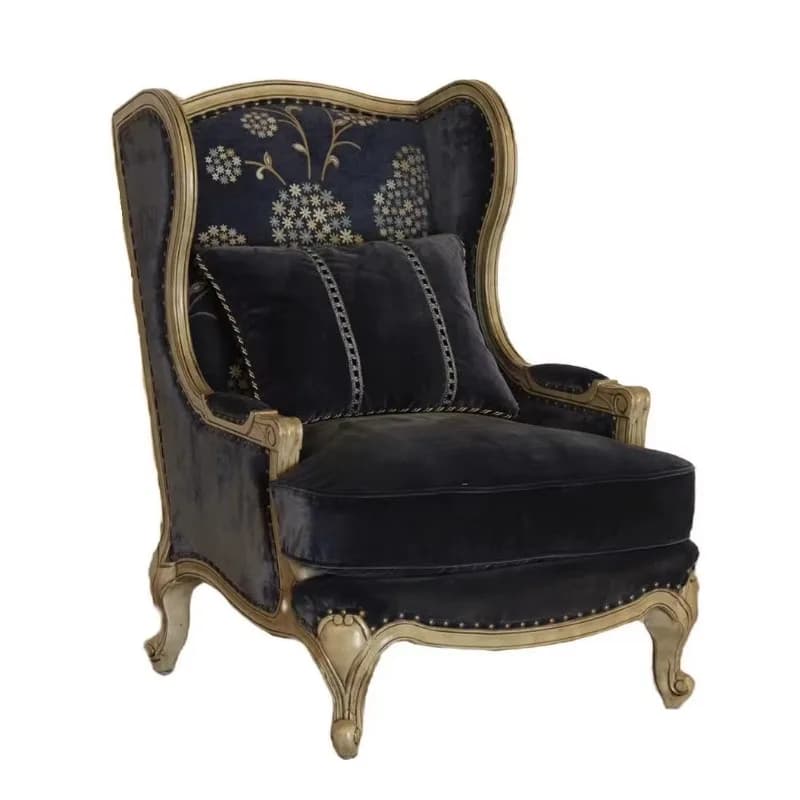Wingback armchair, velvet upholstery, botanical embroidery, cream frame and gold nail heads