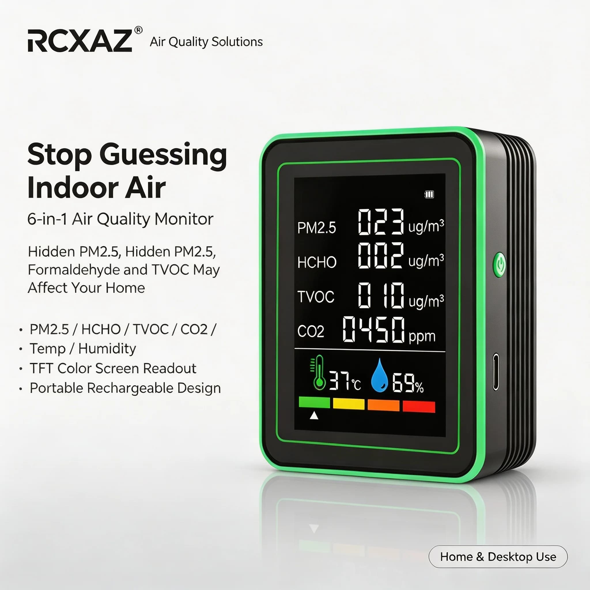 RCXAZ Smart Life 6 in 1 Air Quality Monitor PM2.5 CO2 TVOC HCHO Temp Humidity Detector for Home Office