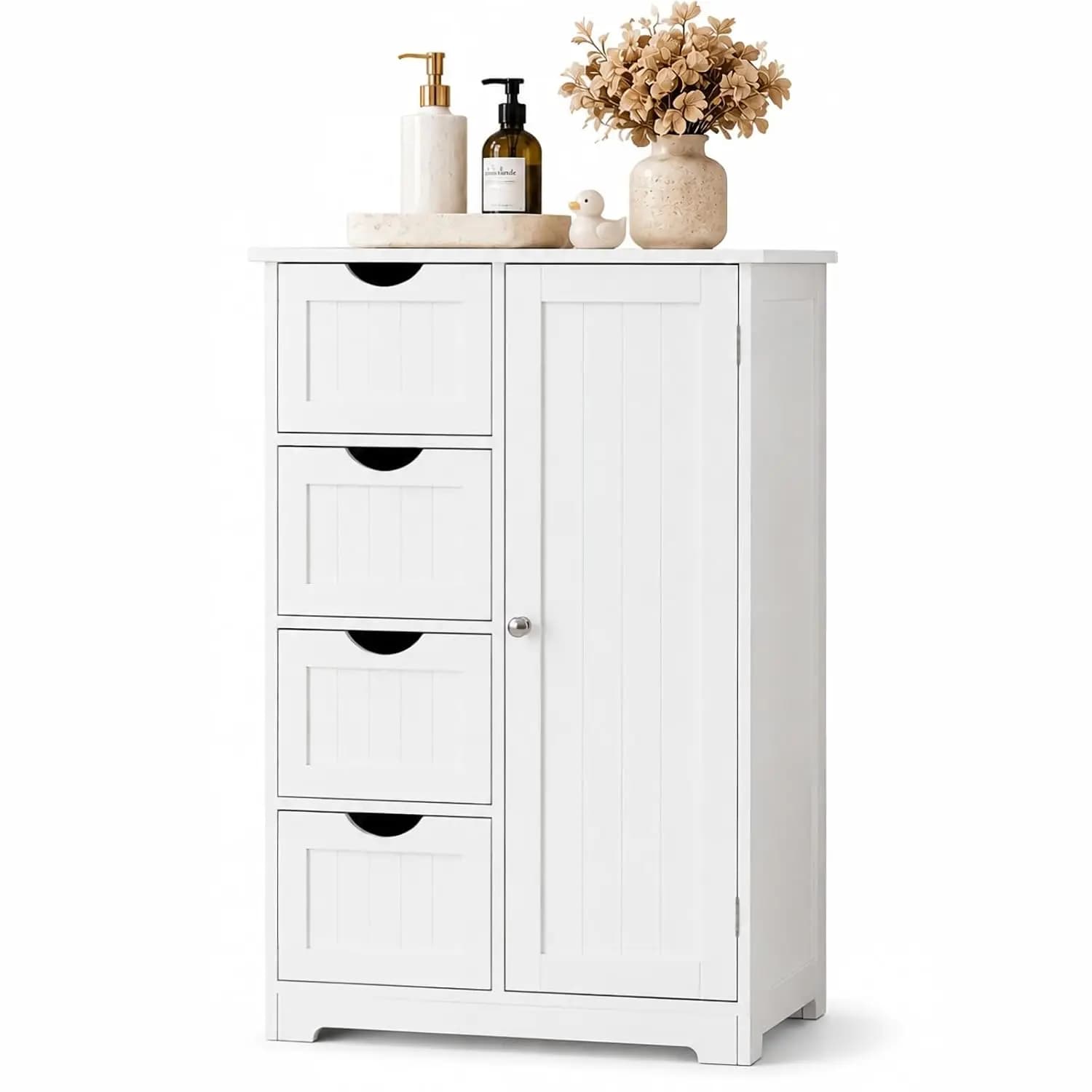 Freestanding Bathroom Floor Cabinet with 4 Drawers and 1 Door, Adjustable Shelf Storage Organizer for Toiletries, Toilet Paper