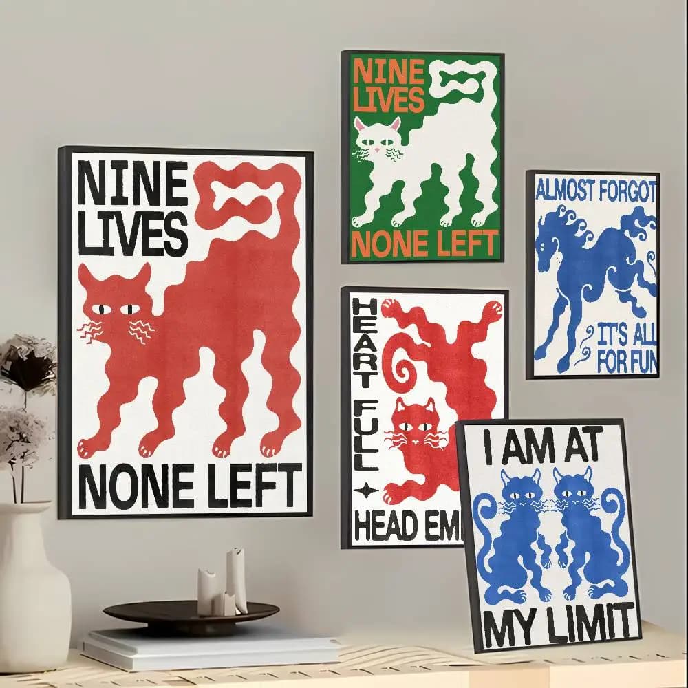 Abstract Wavy Cat Poster, Nine Lives None Left Retro Graphic Cat Art Print Fun Quirky Typography Cat Wall Poster Room Wall Decor