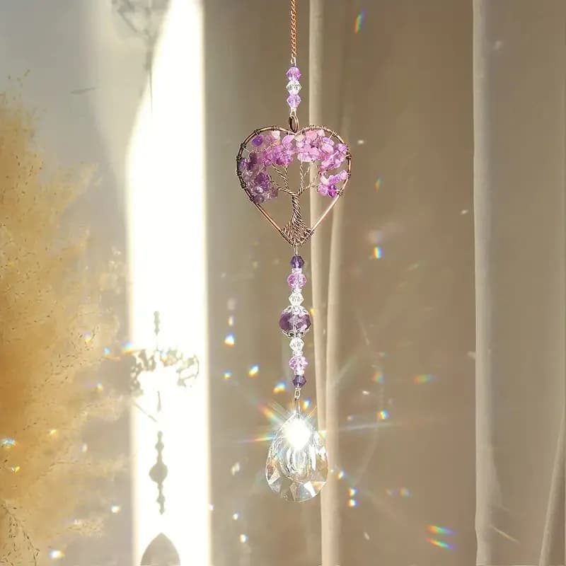 1pc Rainbow Crystal Sun Catcher, Tree Of Life Suncatchers Heart Shaped Hanging Ornament Chakra Stones Window Crystal Ball Prism